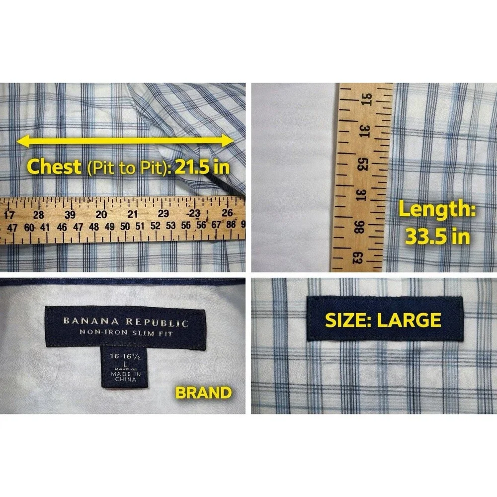 Banana Republic Non-Iron Slim Fit Plaid White/Grey Shirt Men’s Large.